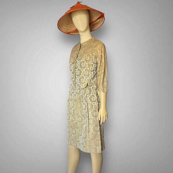 1950s Carol Craig Brocade Cocktail Dress Jacket Set Gold Sheath Formal Vintage - Picture 5 of 16